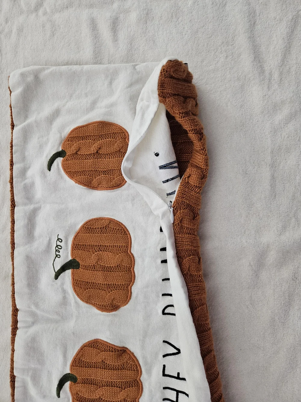 Rae Dunn Hey Pumpkin Lumbar Pillow Cover Cable Knit Applique Orange Fall